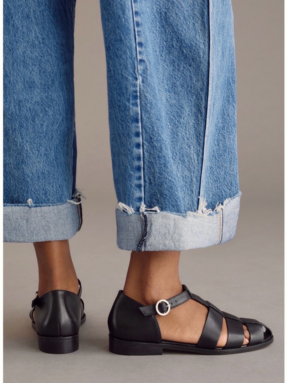 Anthropologie Pilcro Maris Fisherman Sandals 37 Black Leather Classic Cage Flats - Picture 1 of 15